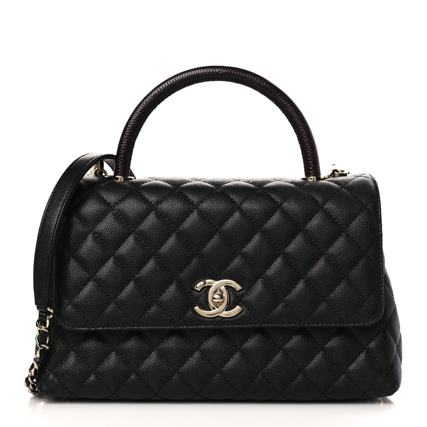 Caviar Lizard Embossed Quilted Small Coco Handle Flap Black
