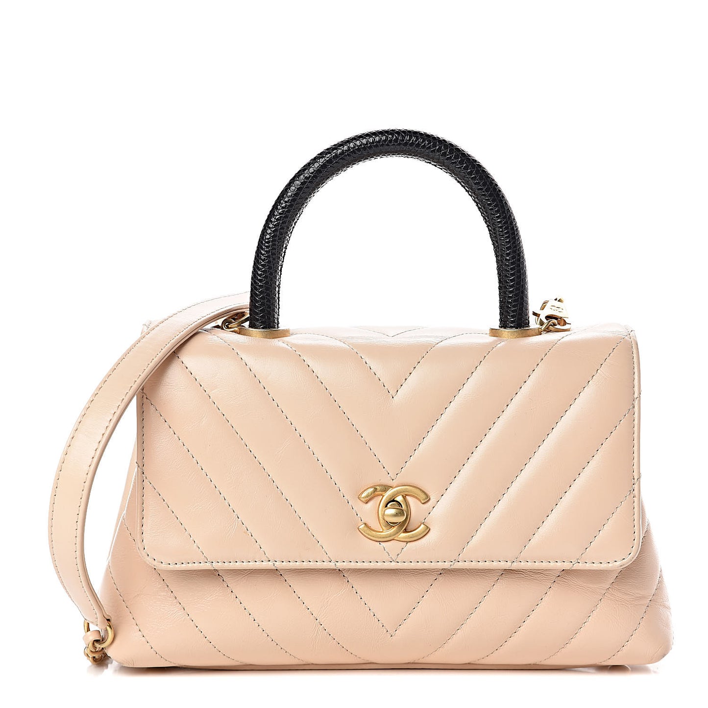 Calfskin Lizard Chevron Quilted Mini Coco Handle Flap Beige