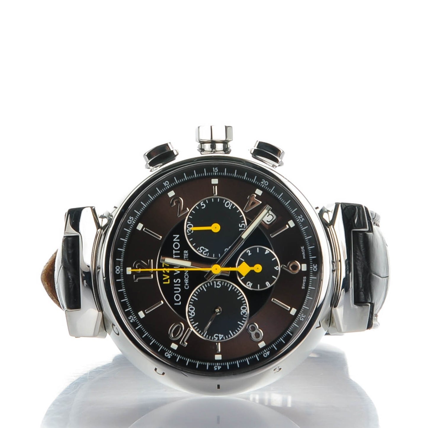 Stainless Steel Alligator 41mm Tambour Chronograph Automatic Watch Brown
