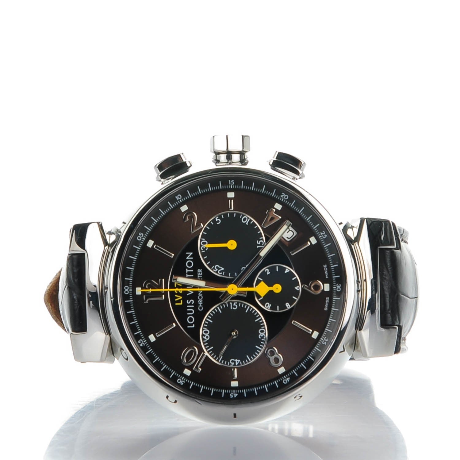 Louis Vuitton Stainless Steel Alligator 41mm Tambour Chronograph Automatic Watch Brown 3 of 10