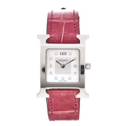 Hermes Stainless Steel Alligator Diamond Mother of Pearl 21mm Heure H Hour Quartz Watch Framboise 1 of 8
