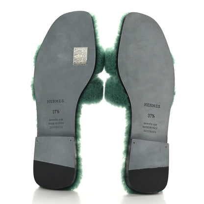 Hermes Woolskin Oran Sandals 37.5 Vert Anglais 5 of 7