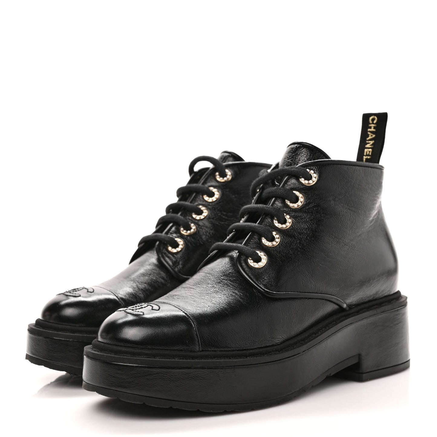 Shiny Calfskin Pearl Lace Up Combat Short Boots 37.5 Black