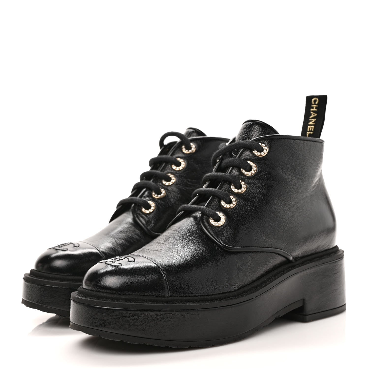 Chanel Shiny Calfskin Pearl Lace Up Combat Short Boots 37.5 Black 3 of 10