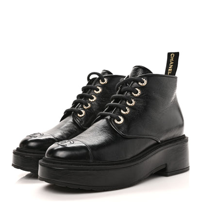 Chanel Shiny Calfskin Pearl Lace Up Combat Short Boots 37.5 Black 3 of 10