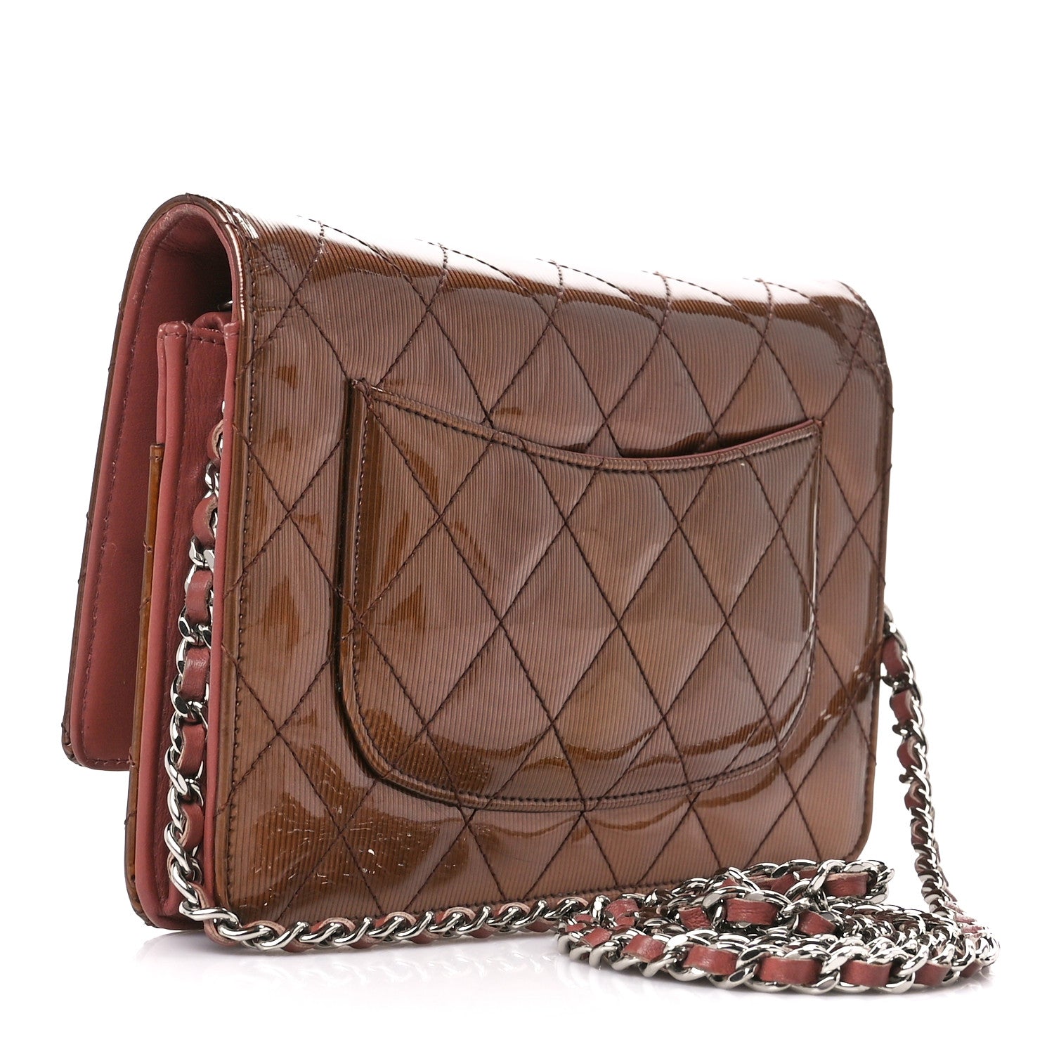 Chanel Metallic Striated Patent Quilted Wallet on Chain WOC Bronze 3 of 12