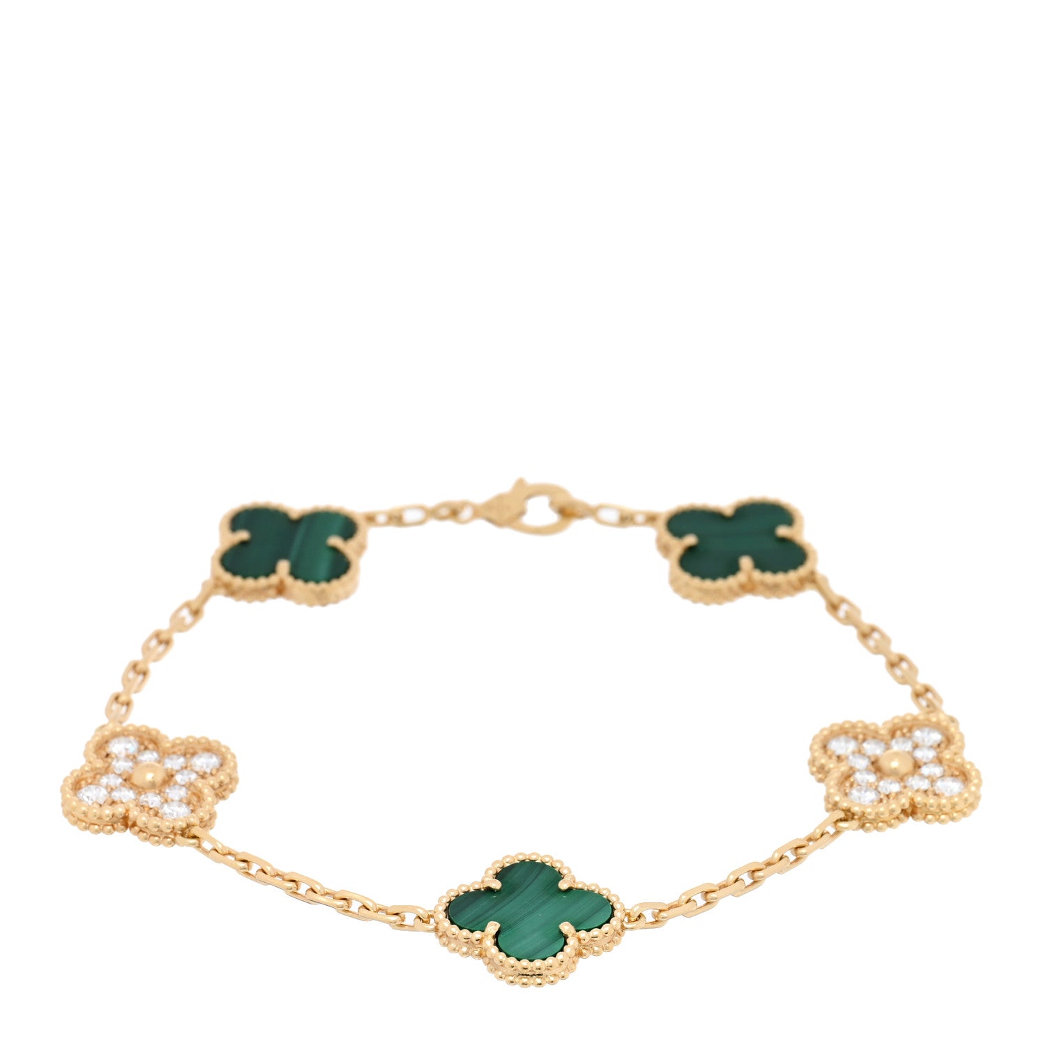 Van Cleef & Arpels 18K Yellow Gold Diamond Malachite 5 Motifs Vintage Alhambra Bracelet 1 of 4