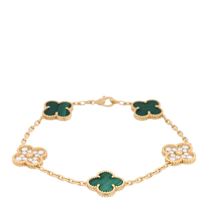 Van Cleef & Arpels 18K Yellow Gold Diamond Malachite 5 Motifs Vintage Alhambra Bracelet 1 of 4