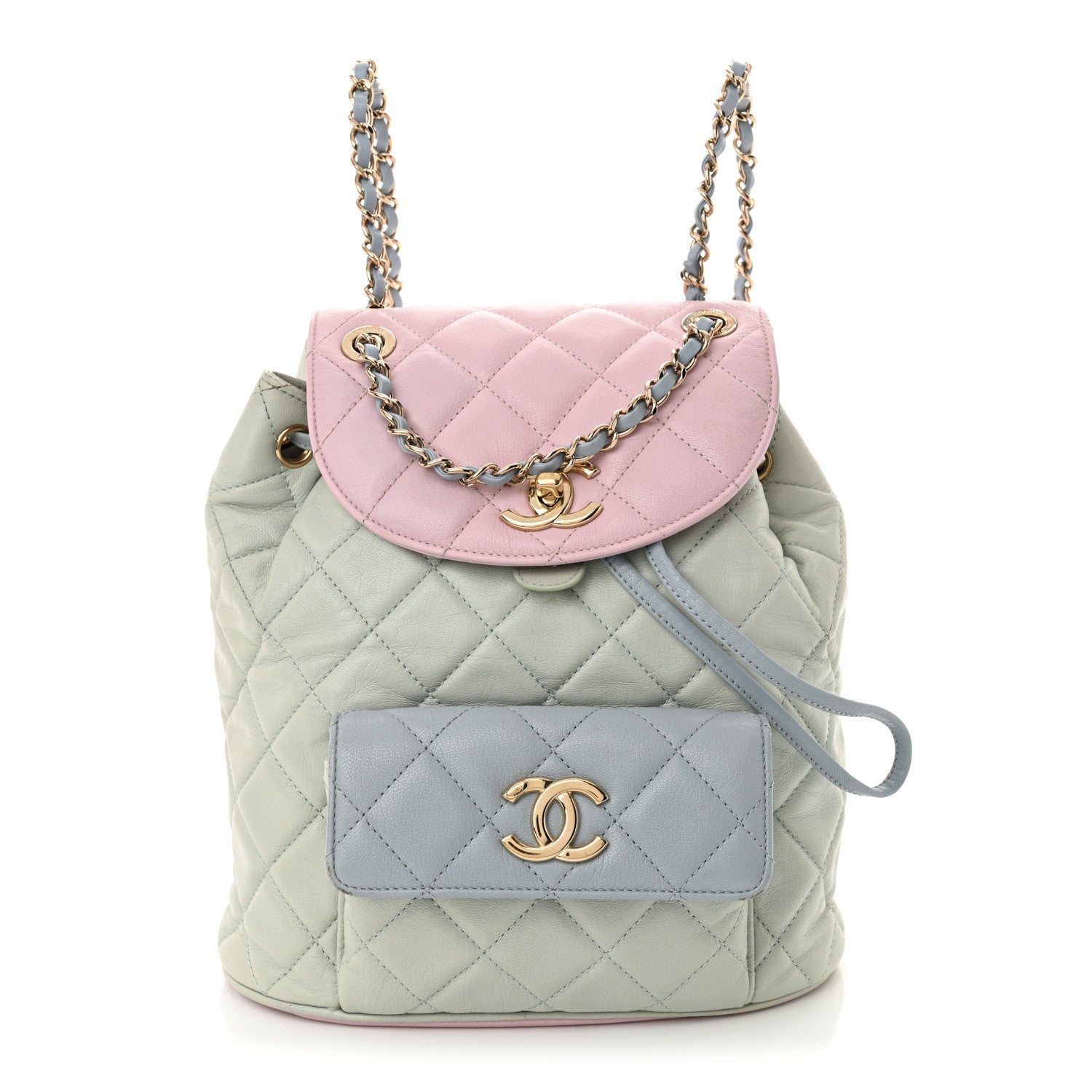 Chanel Goatskin Quilted Duma Drawstring Backpack Green Blue Pink 1 of 14