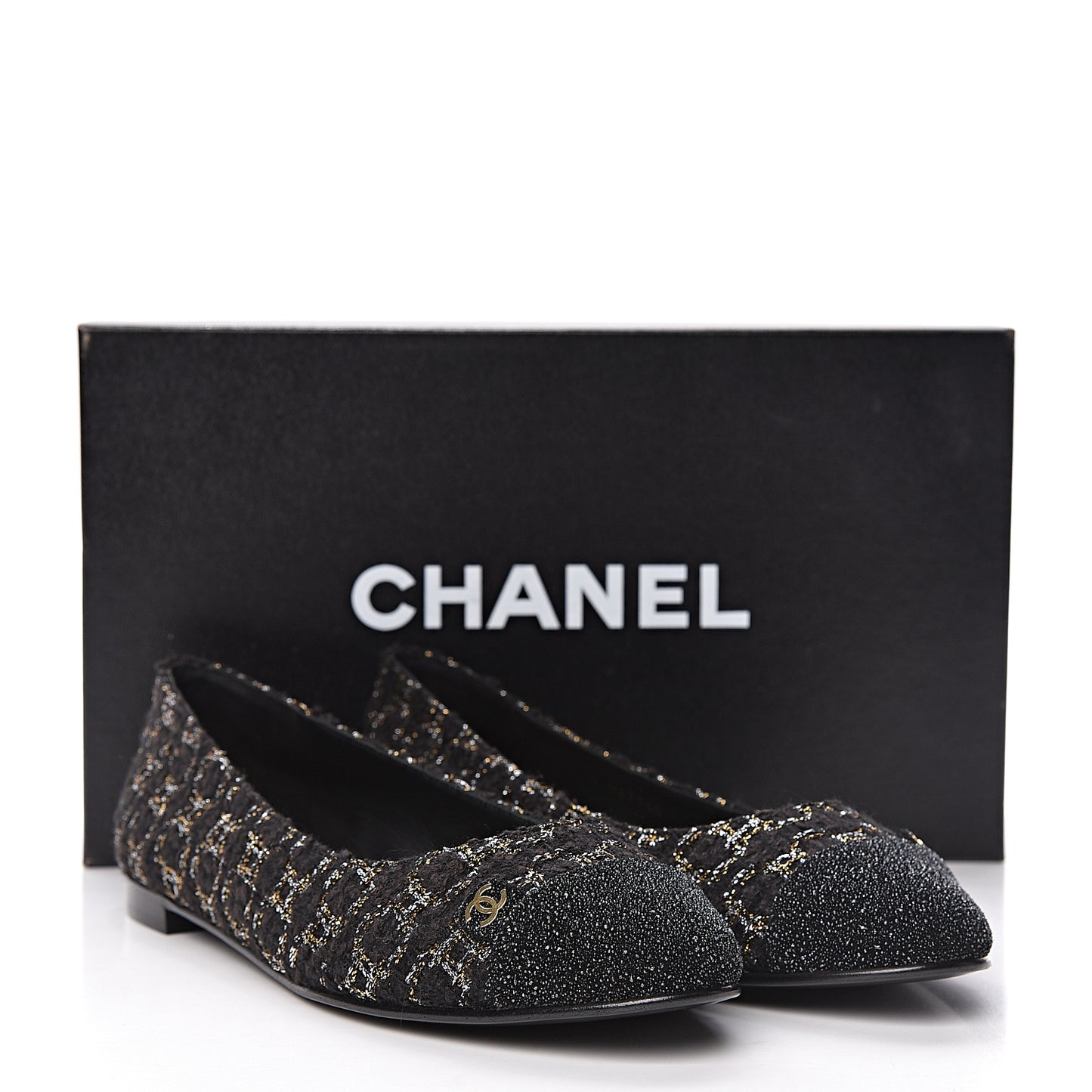 Tweed Cap Toe Ballerina Flats 36 Black