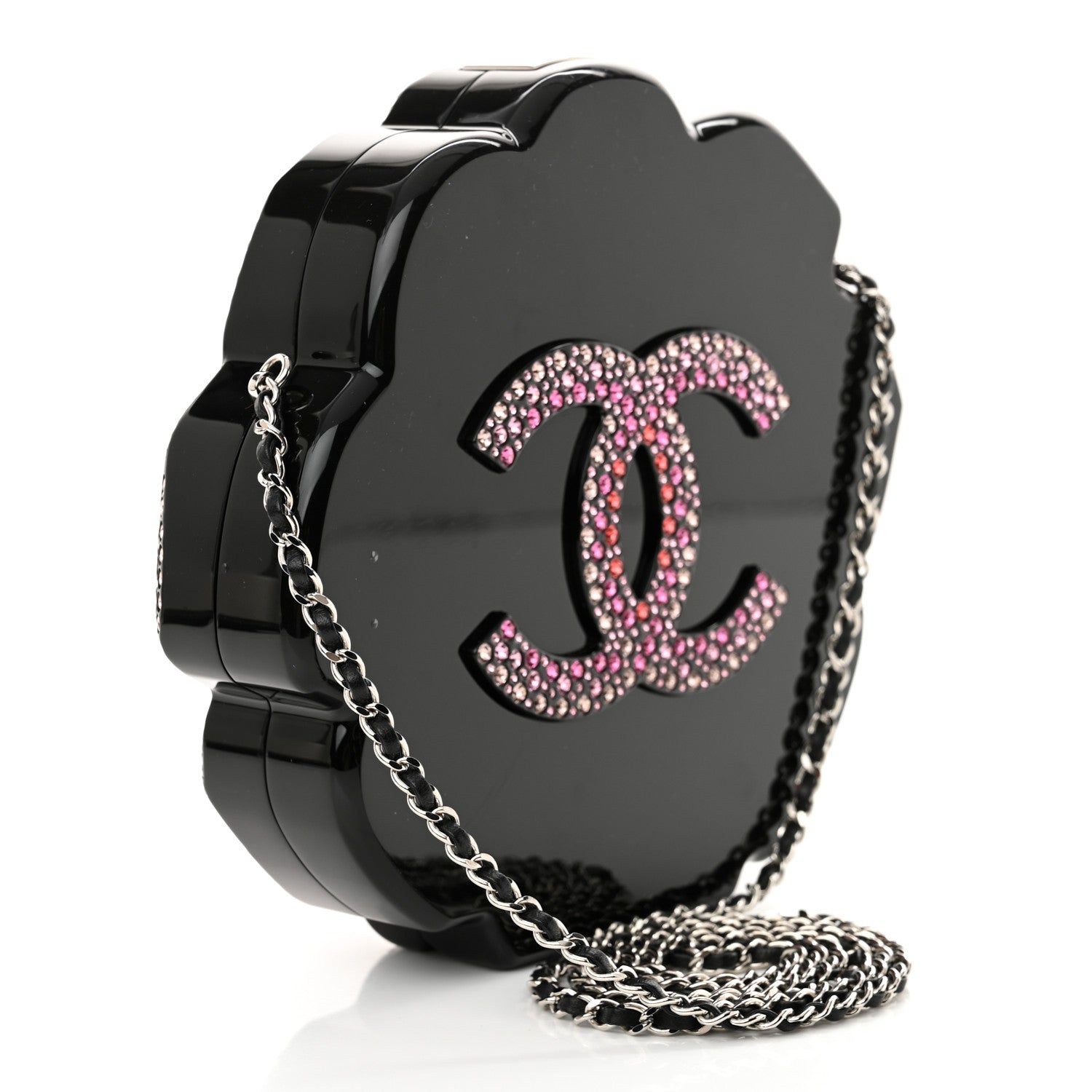 Chanel Plexiglass Strass Camellia Minaudiere Clutch Pink Black