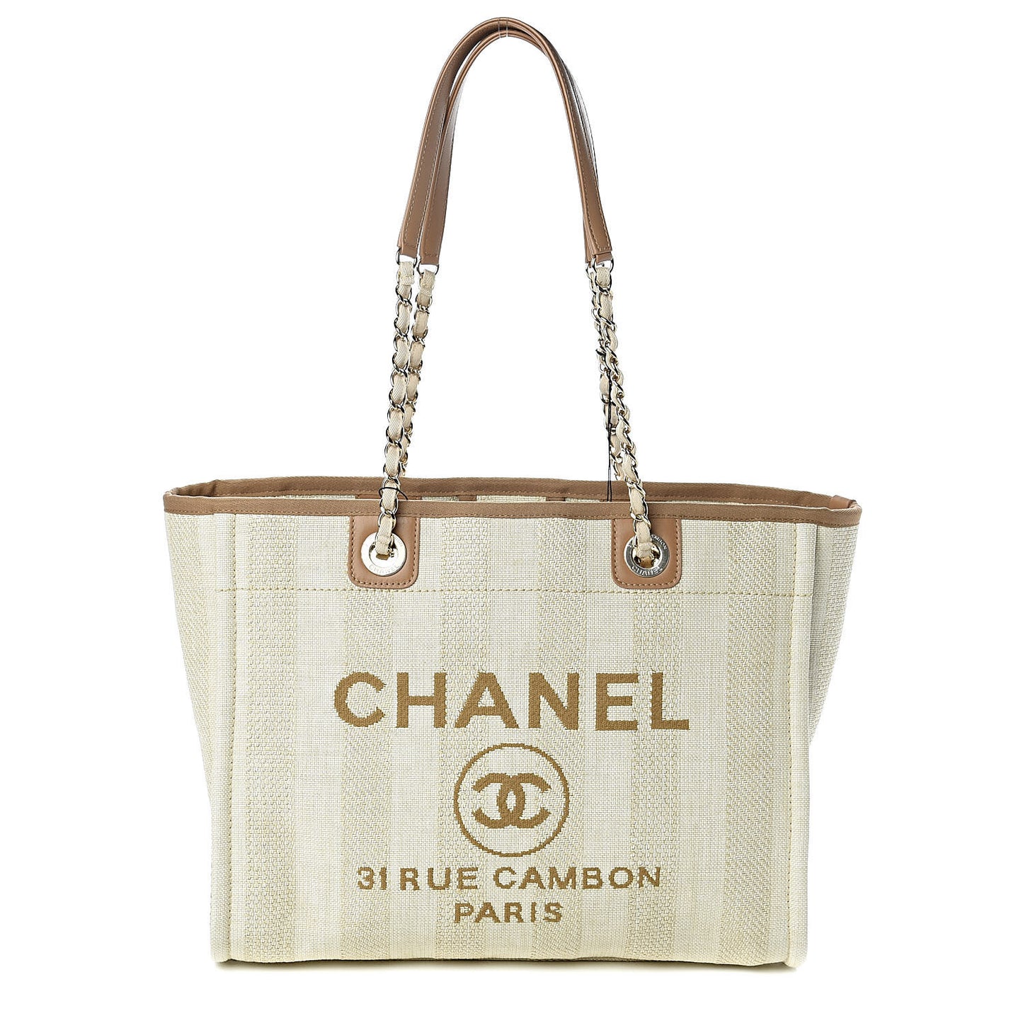Straw Raffia Calfskin Striped Small Deauville Tote Beige