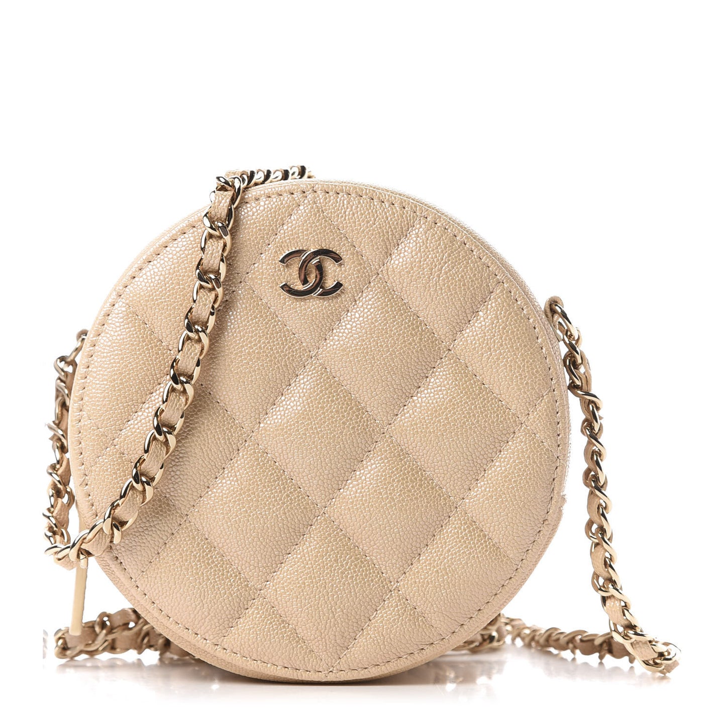 Iridescent Caviar Quilted Round Clutch With Chain Beige