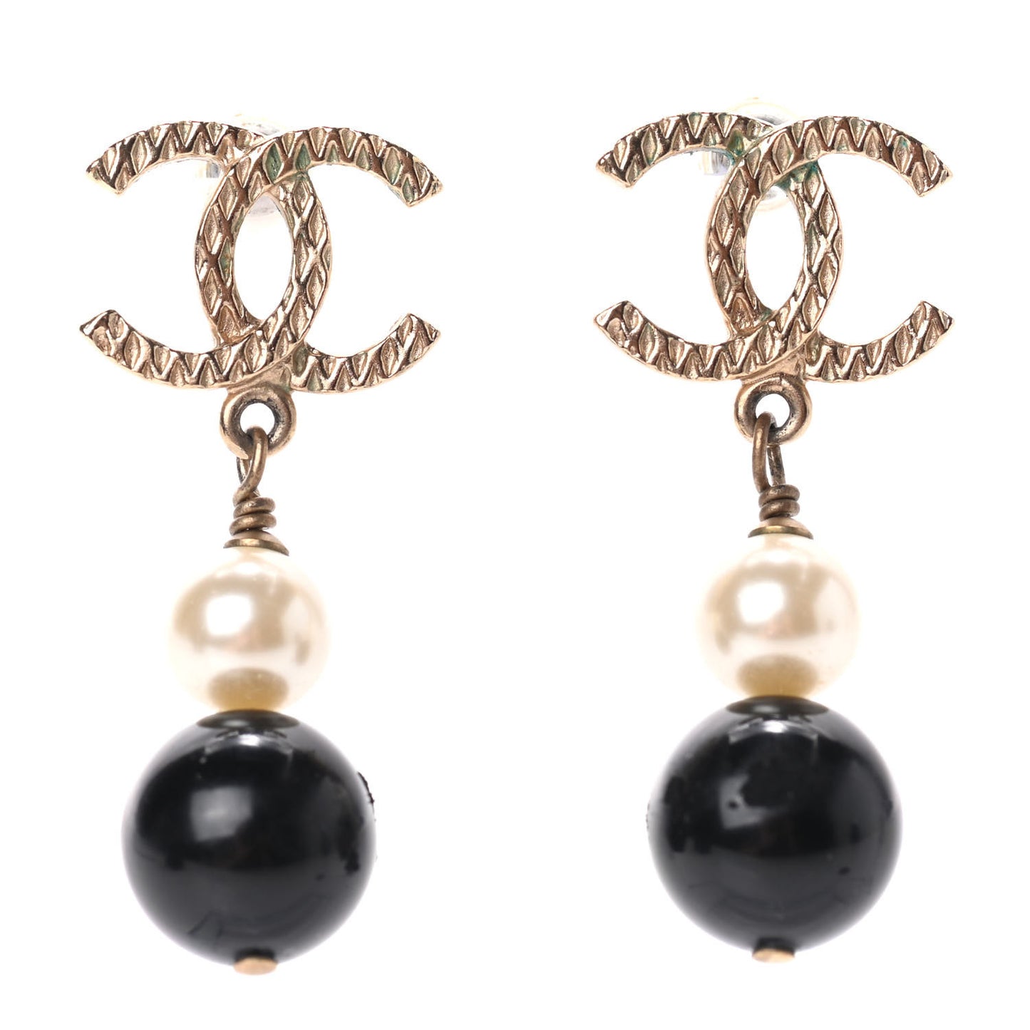 Pearl Bead CC Drop Earrings Black Gold