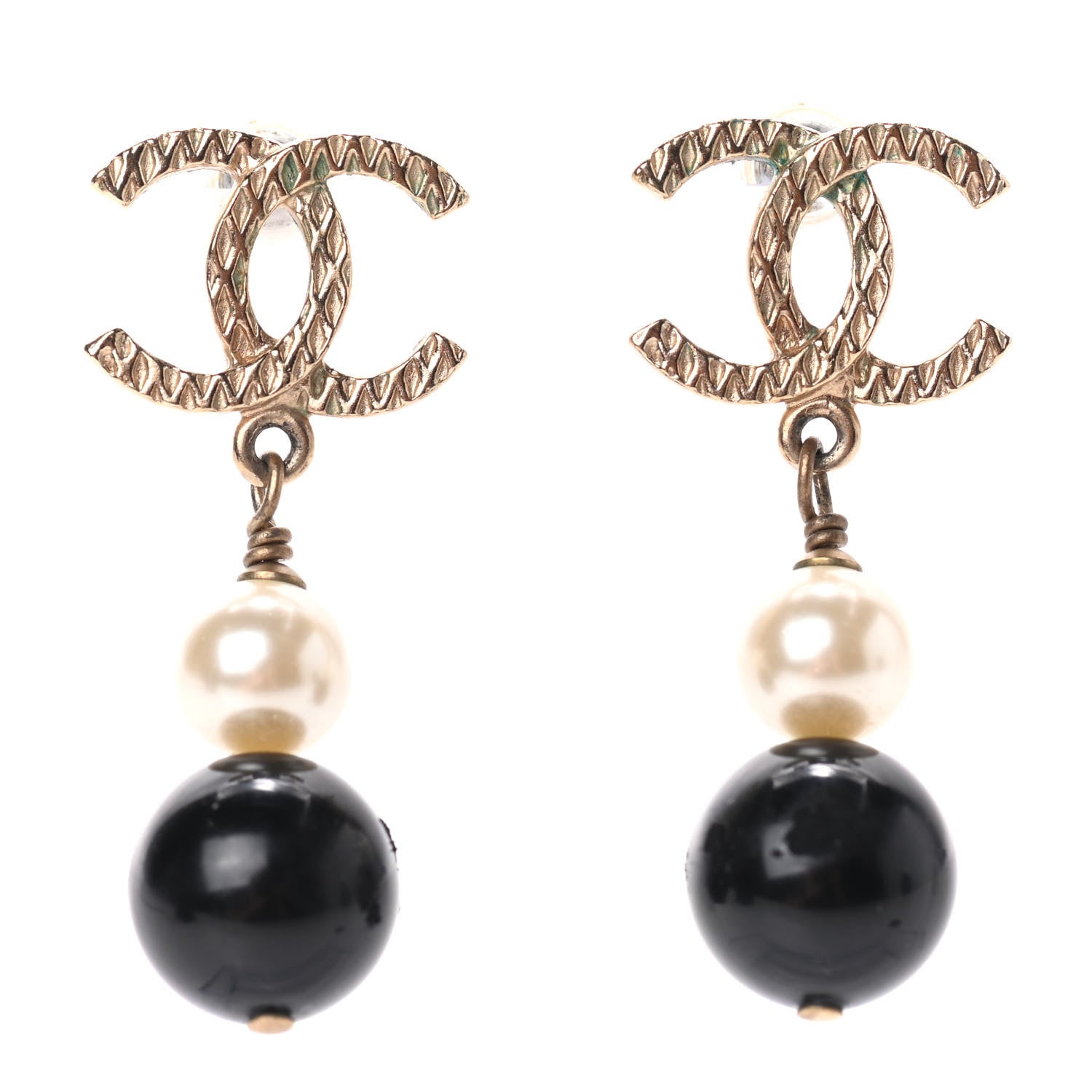 Chanel Pearl Bead CC Drop Earrings Black Gold 1 of 4