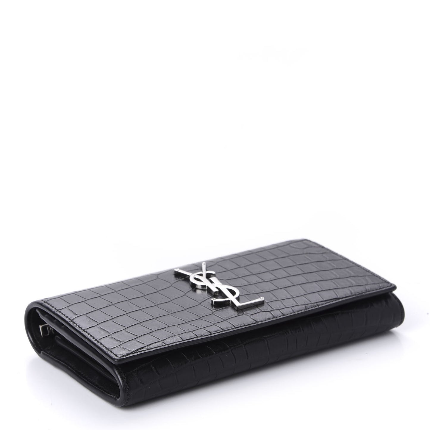 Calfskin Crocodile Embossed Monogram Flap Wallet Black