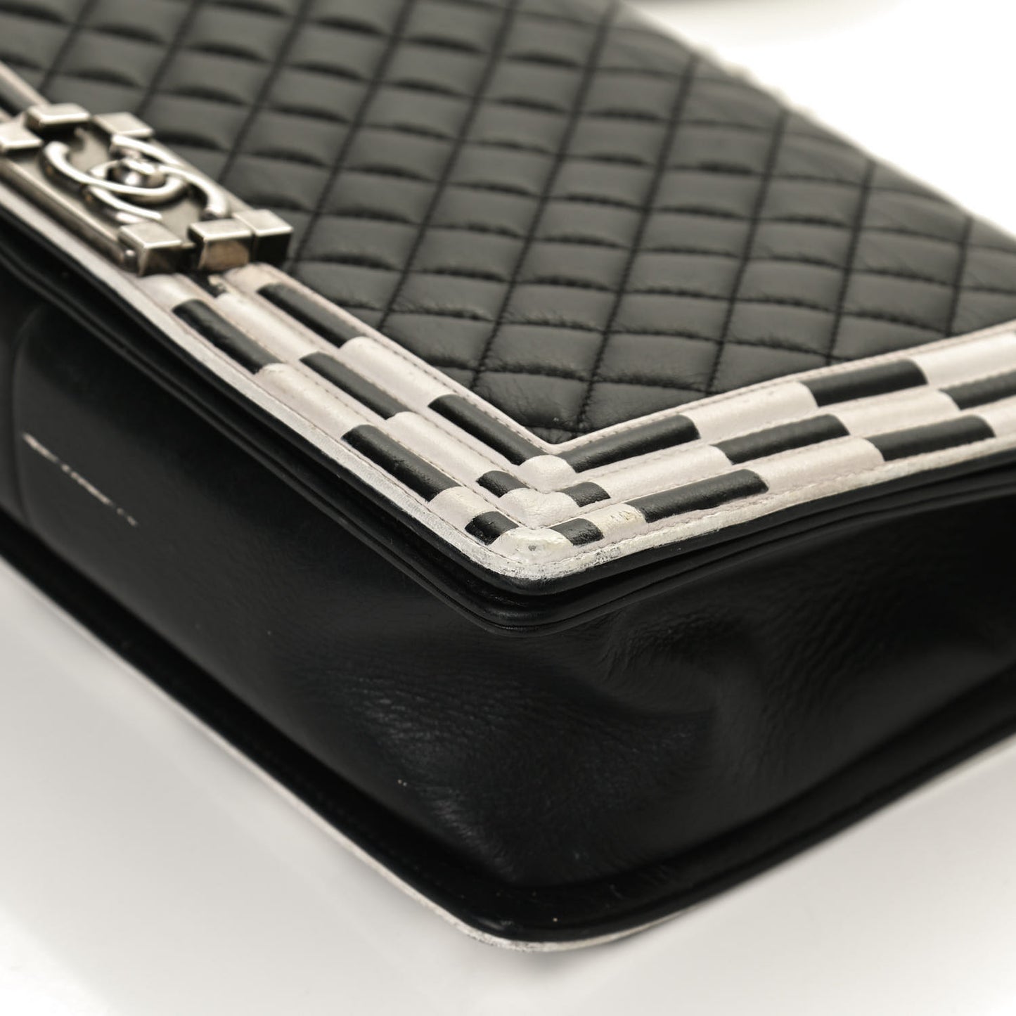 Calfskin Quilted Checkerboard Trim New Medium Boy Flap Black White