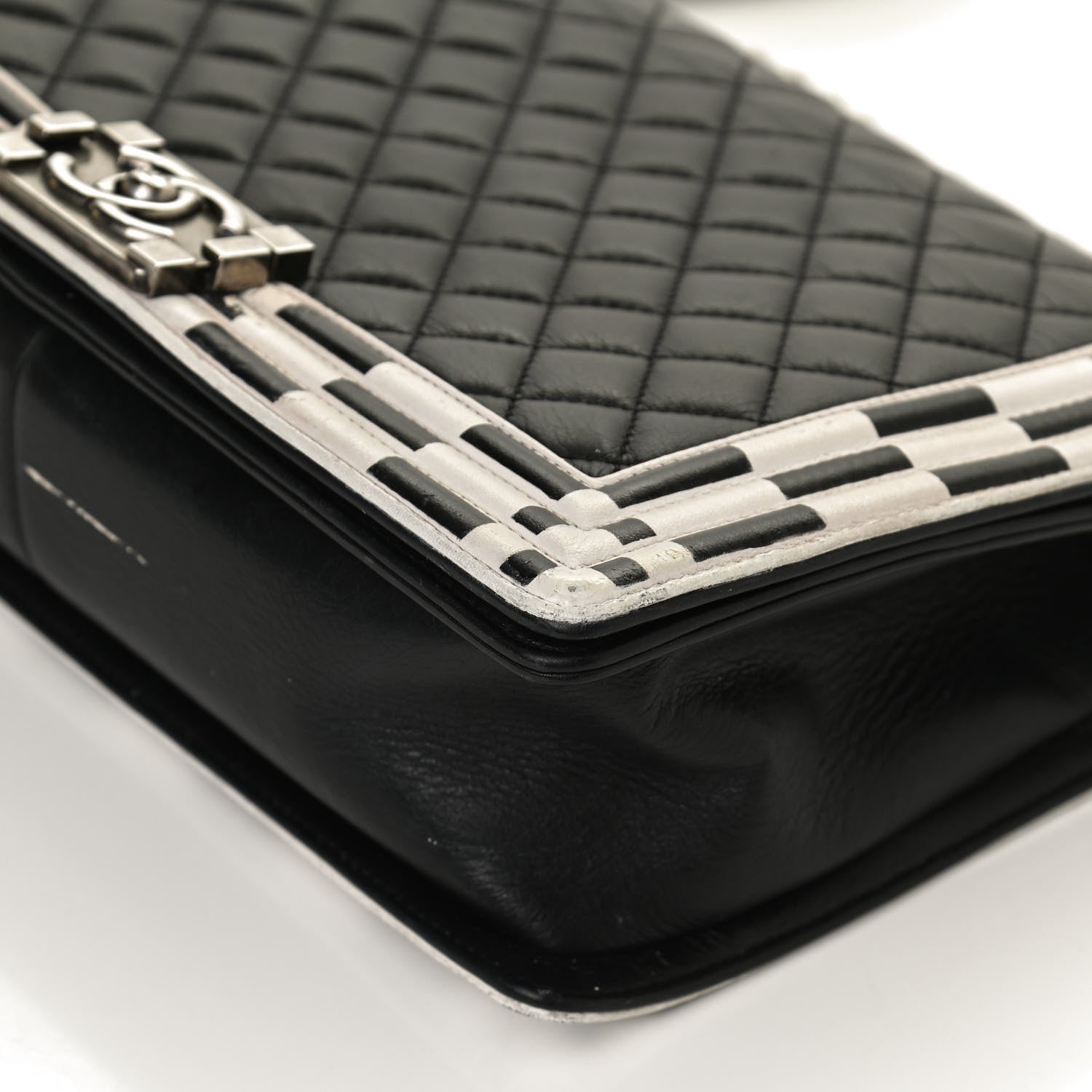 Chanel Calfskin Quilted Checkerboard Trim New Medium Boy Flap Black White 12 of 14