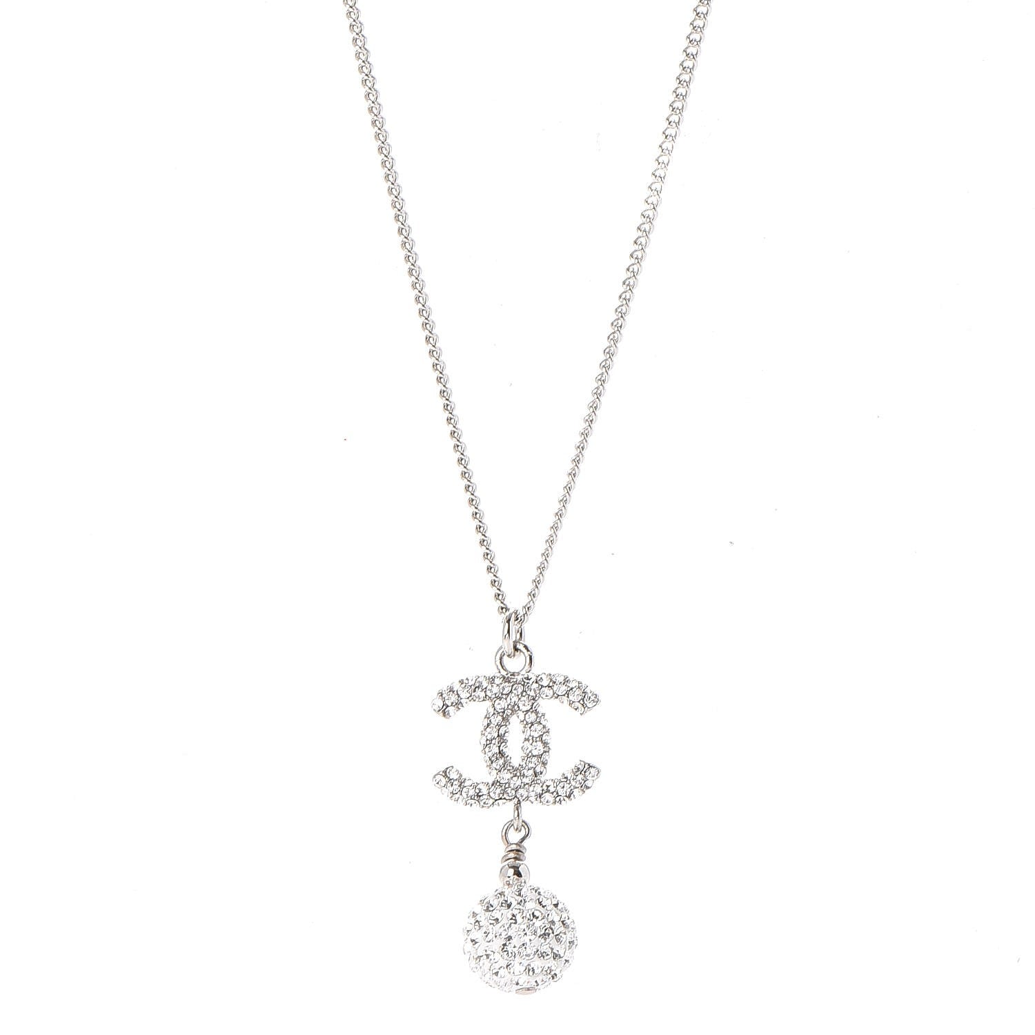 Chanel Crystal CC Ball Pendant Necklace Silver 1 of 6