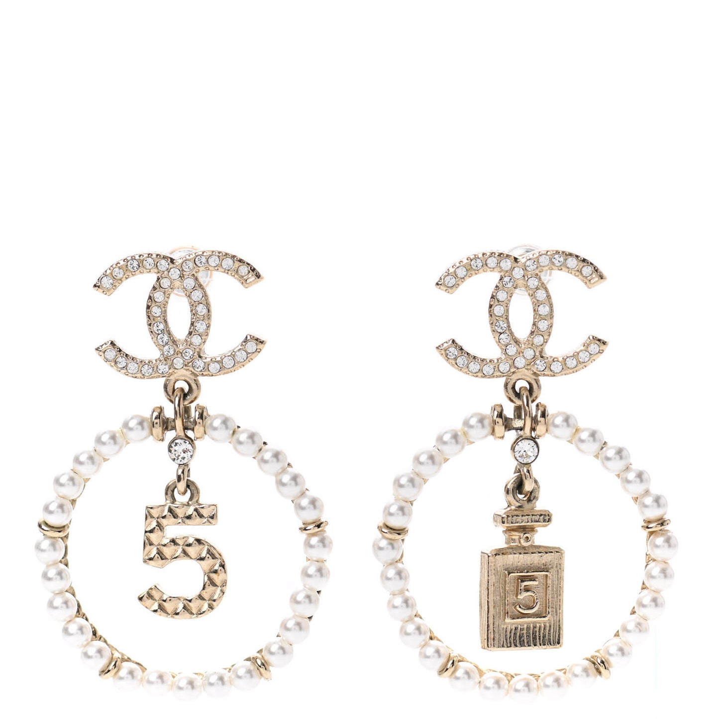 Crystal Pearl Chanel Charms CC Drop Earrings Gold