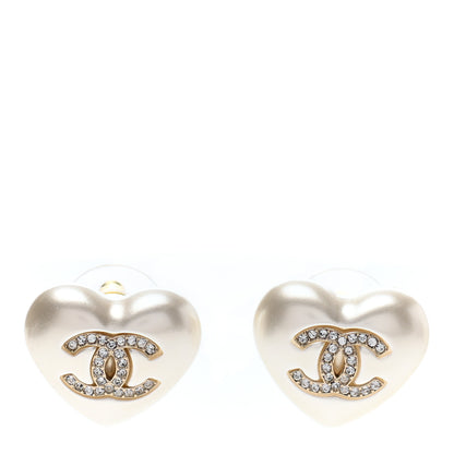 Chanel Pearl Crystal CC Heart Earrings Gold 1 of 4