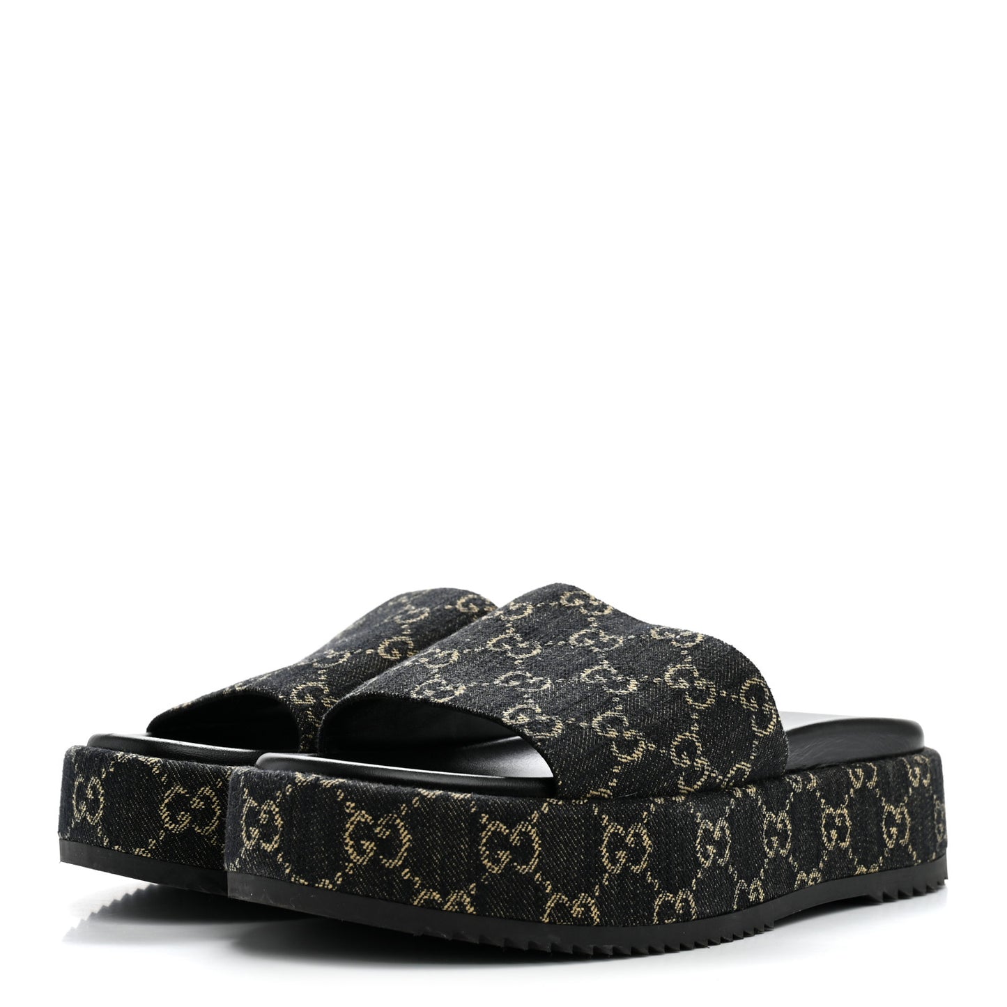 Jacquard Black Denim GG Monogram Angelina Platform 55mm Slide Sandals 41 Black Ivory