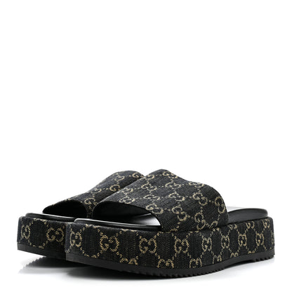 Gucci Jacquard Black Denim GG Monogram Angelina Platform 55mm Slide Sandals 41 Black Ivory 4 of 9