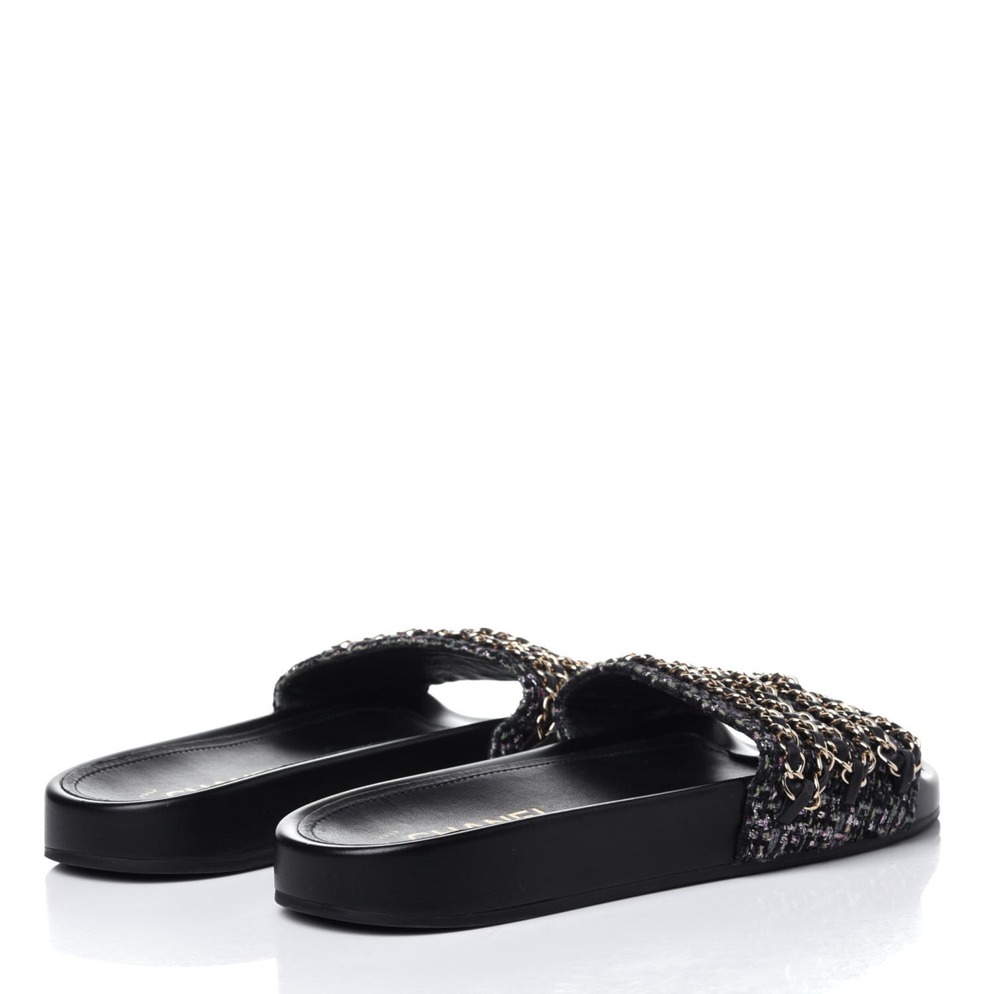 Tweed Lambskin Chain Flat Sandals 39 Black Multicolor