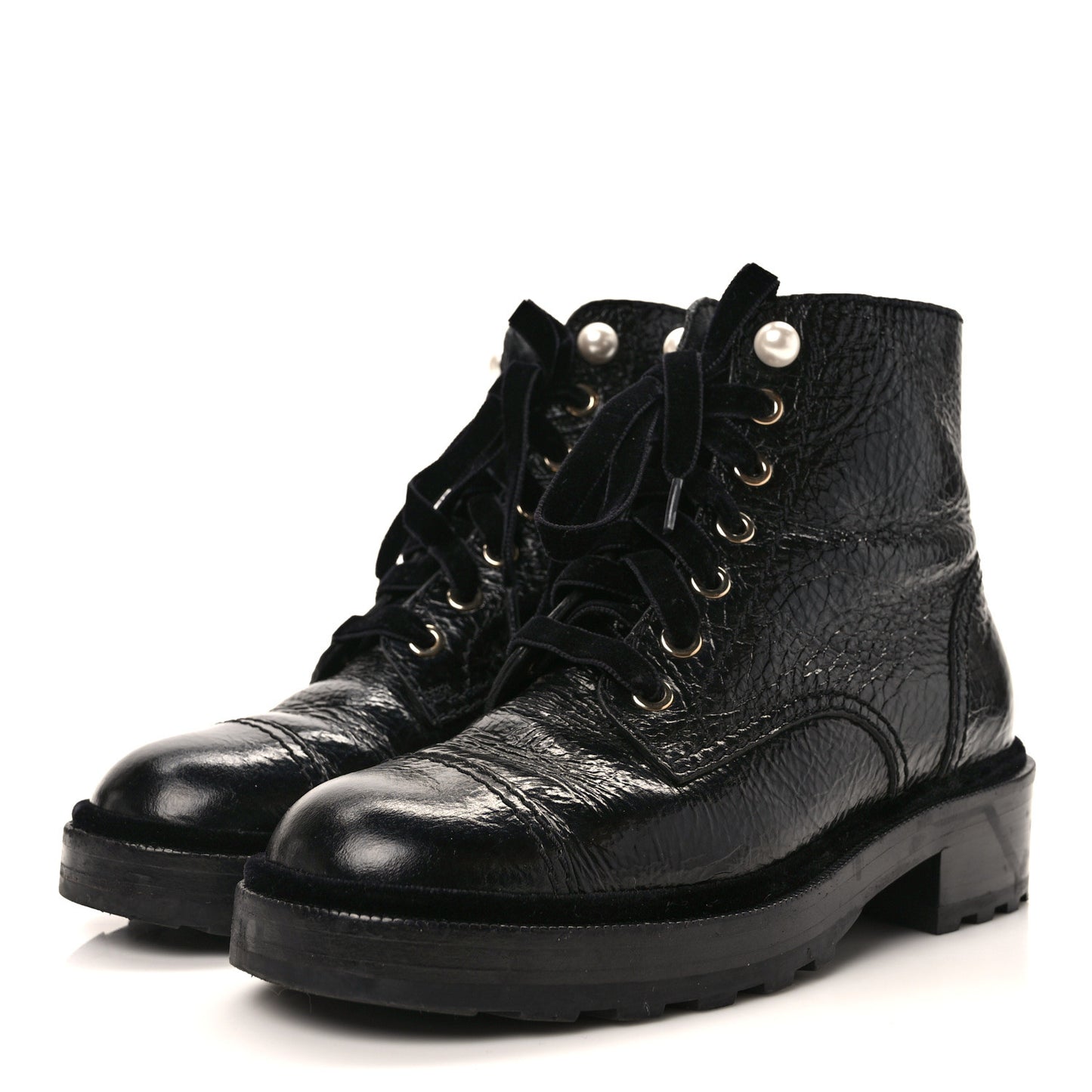 Shiny Calfskin Velvet Pearl Combat Short Boots 36 Black