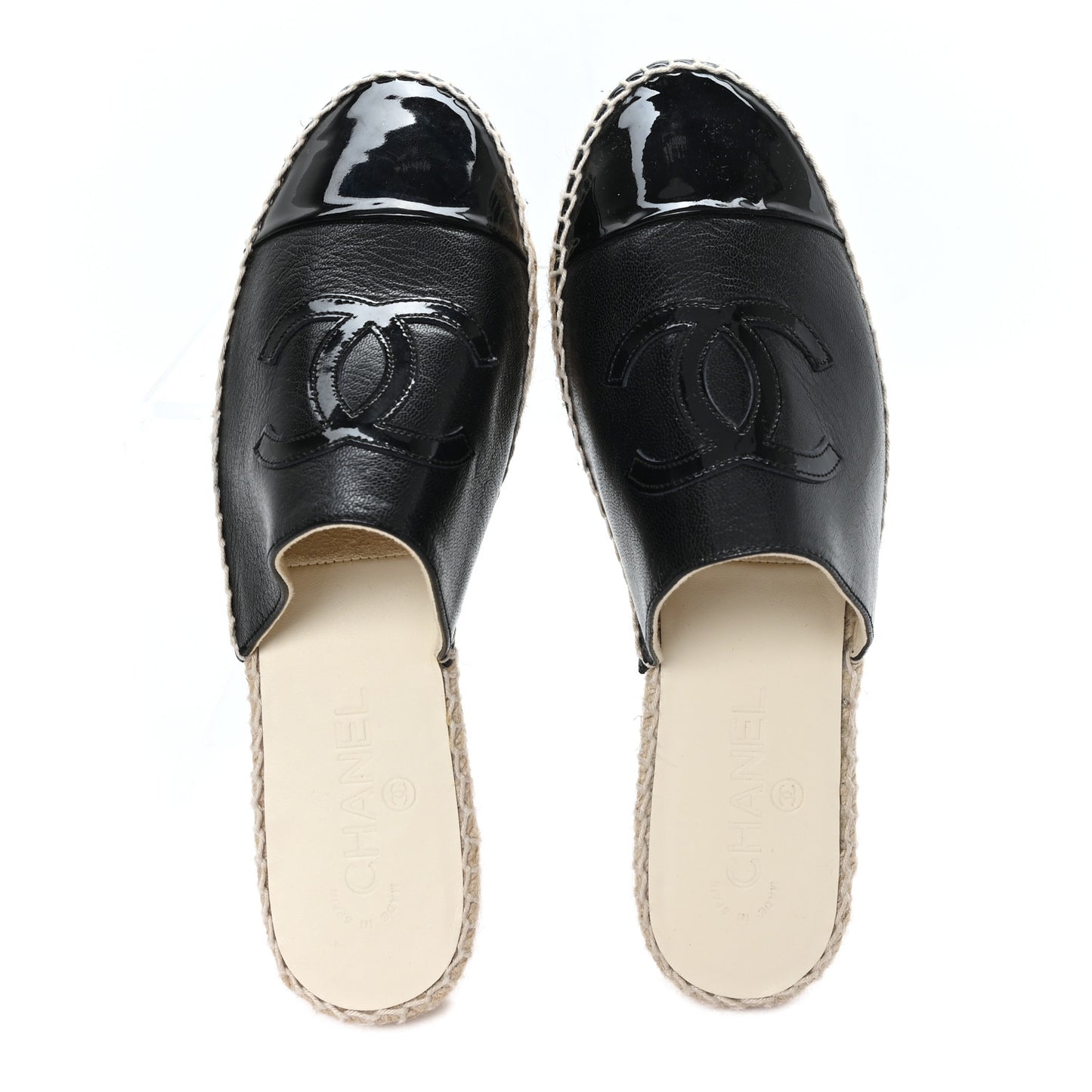 Iridescent Goatskin Patent CC Espadrille Mules 39 Black