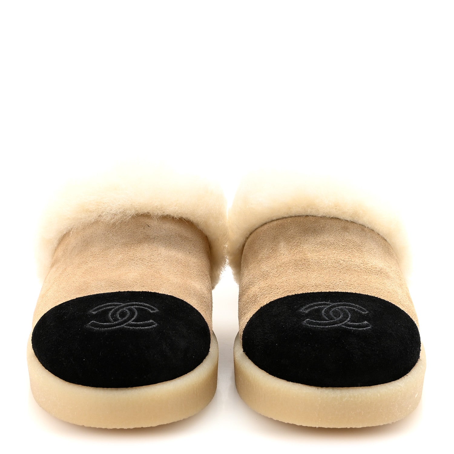 Chanel Suede Shearling CC Cap Toe Mules 36 Beige Black 3 of 10