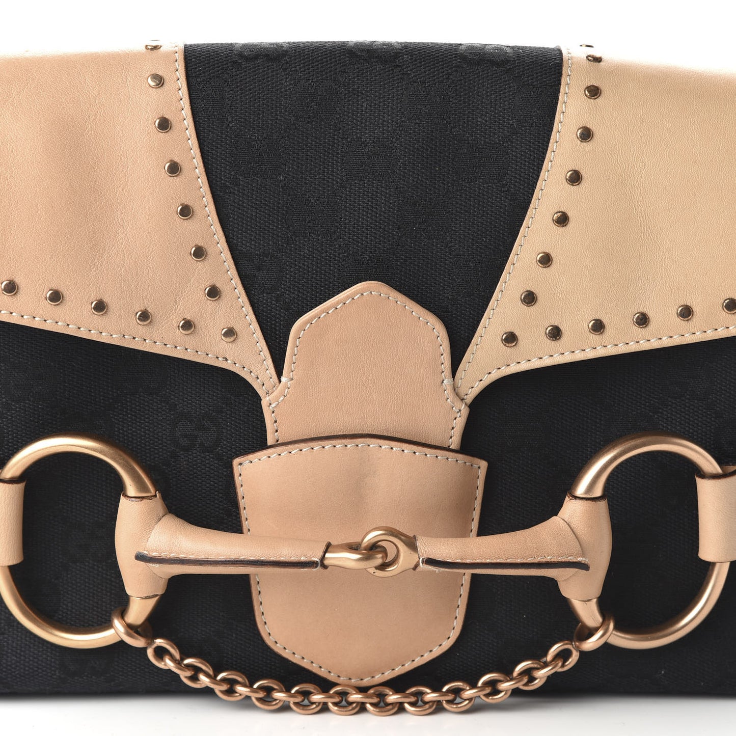 Monogram Horsebit Chain Studded Flap Shoulder Bag Black