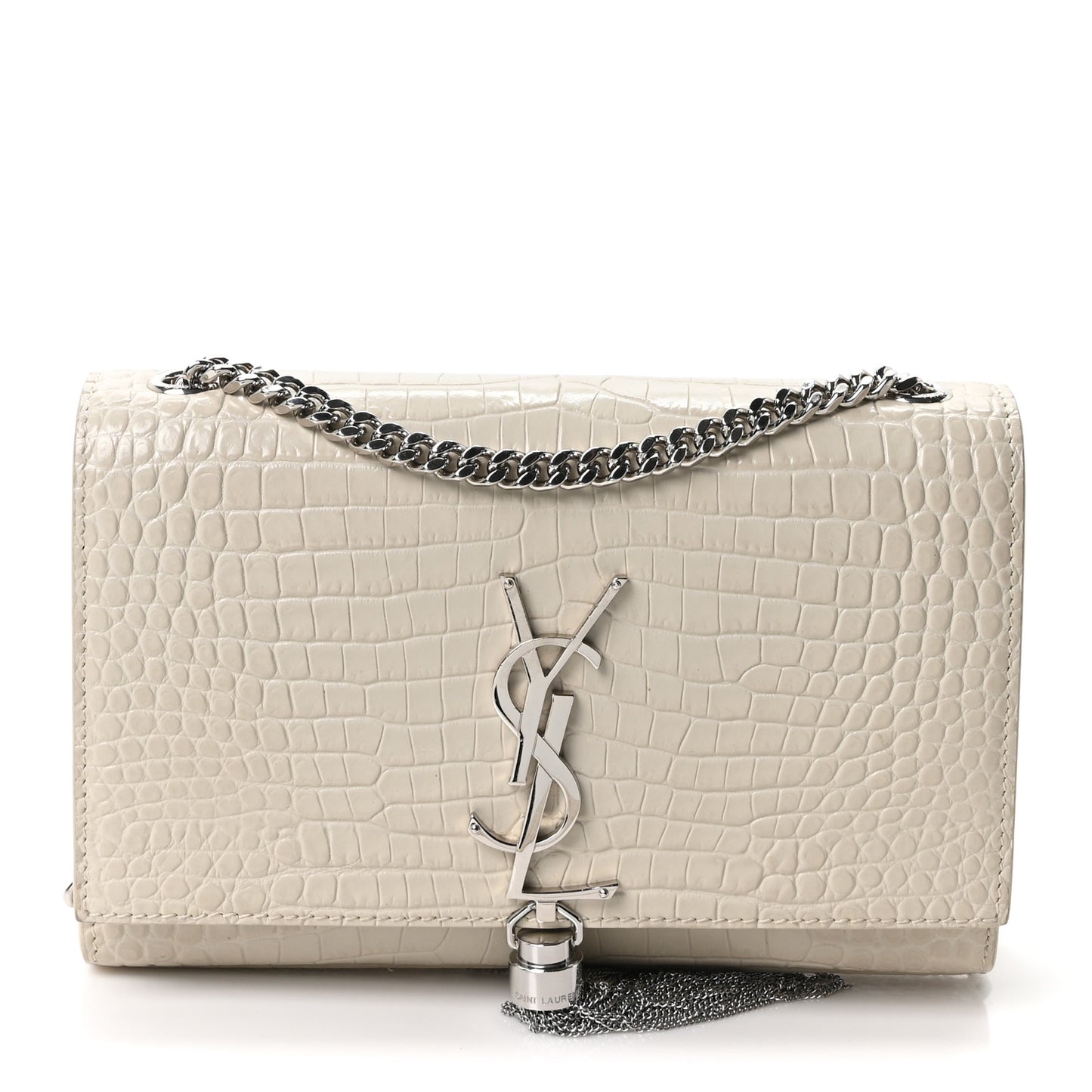 Calfskin Crocodile Embossed Small Classic Monogram Kate Tassel Satchel Blanc Vintage