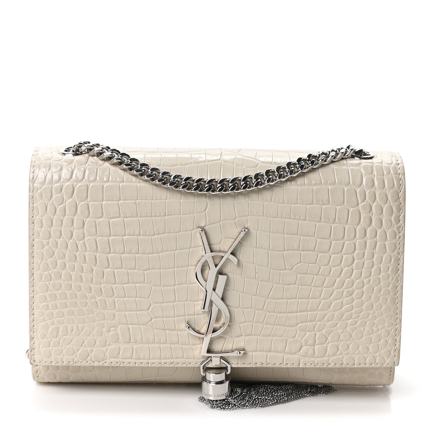 Saint Laurent Calfskin Crocodile Embossed Small Classic Monogram Kate Tassel Satchel Blanc Vintage 1 of 10