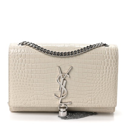 Saint Laurent Calfskin Crocodile Embossed Small Classic Monogram Kate Tassel Satchel Blanc Vintage 1 of 10