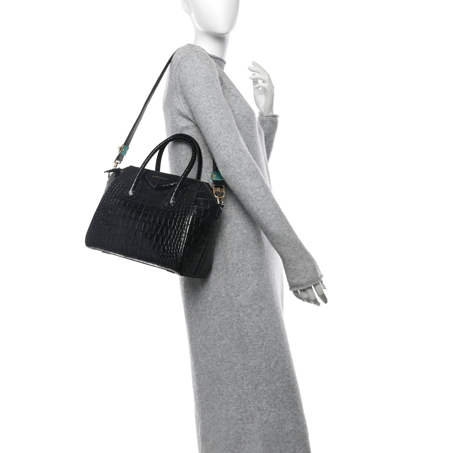 Calfskin Crocodile Embossed Small Antigona Black
