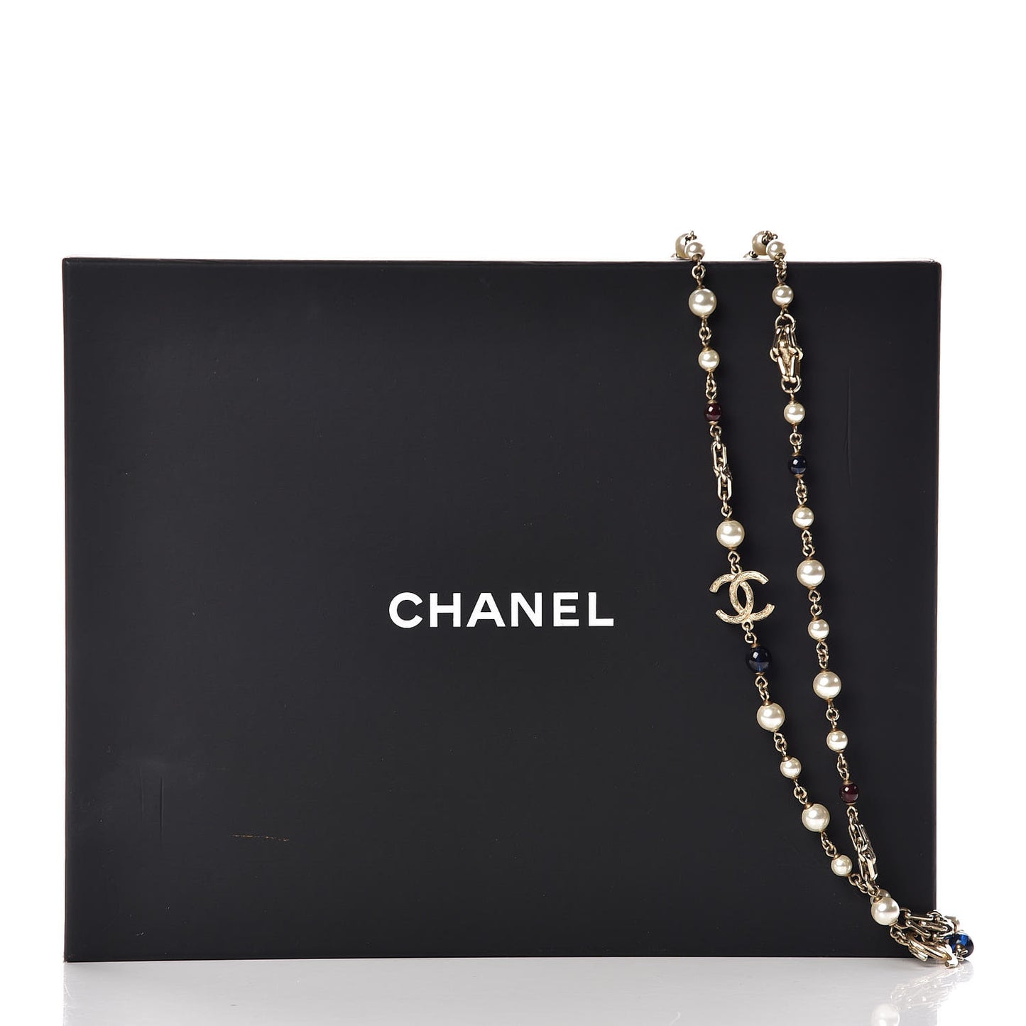 Pearl Bead CC Long Necklace Gold Red Blue