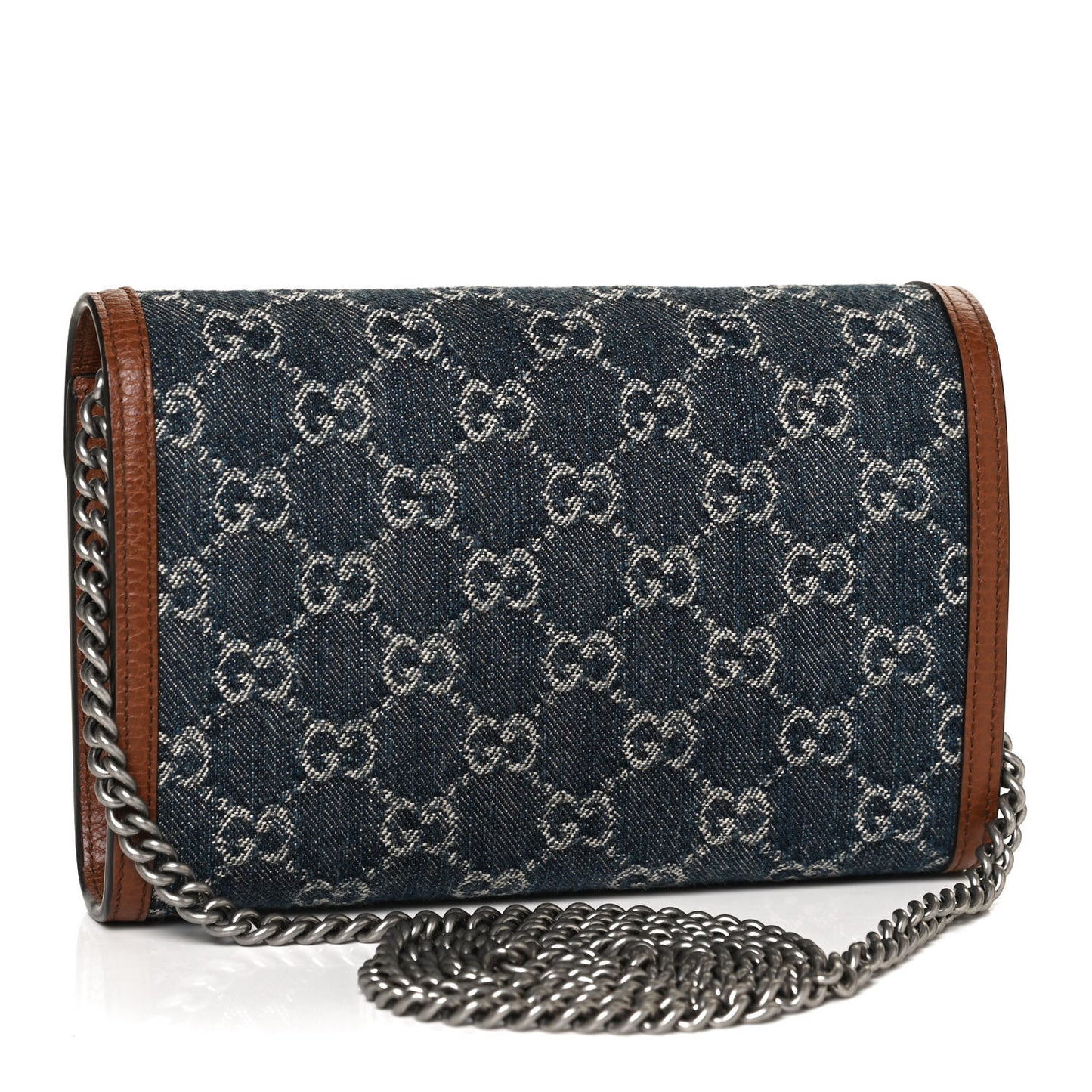 New Denim GG Monogram Dollar Calfskin Enamel Mini Dionysus Chain Wallet Blue Tea Cuir Epilog Electric Blue