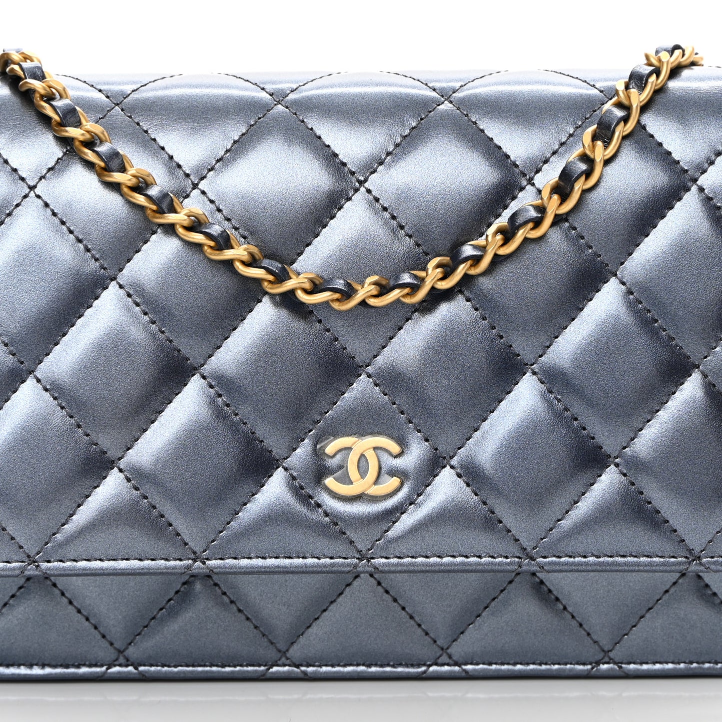 Metallic Lambskin Wallet On Chain WOC Dark Blue