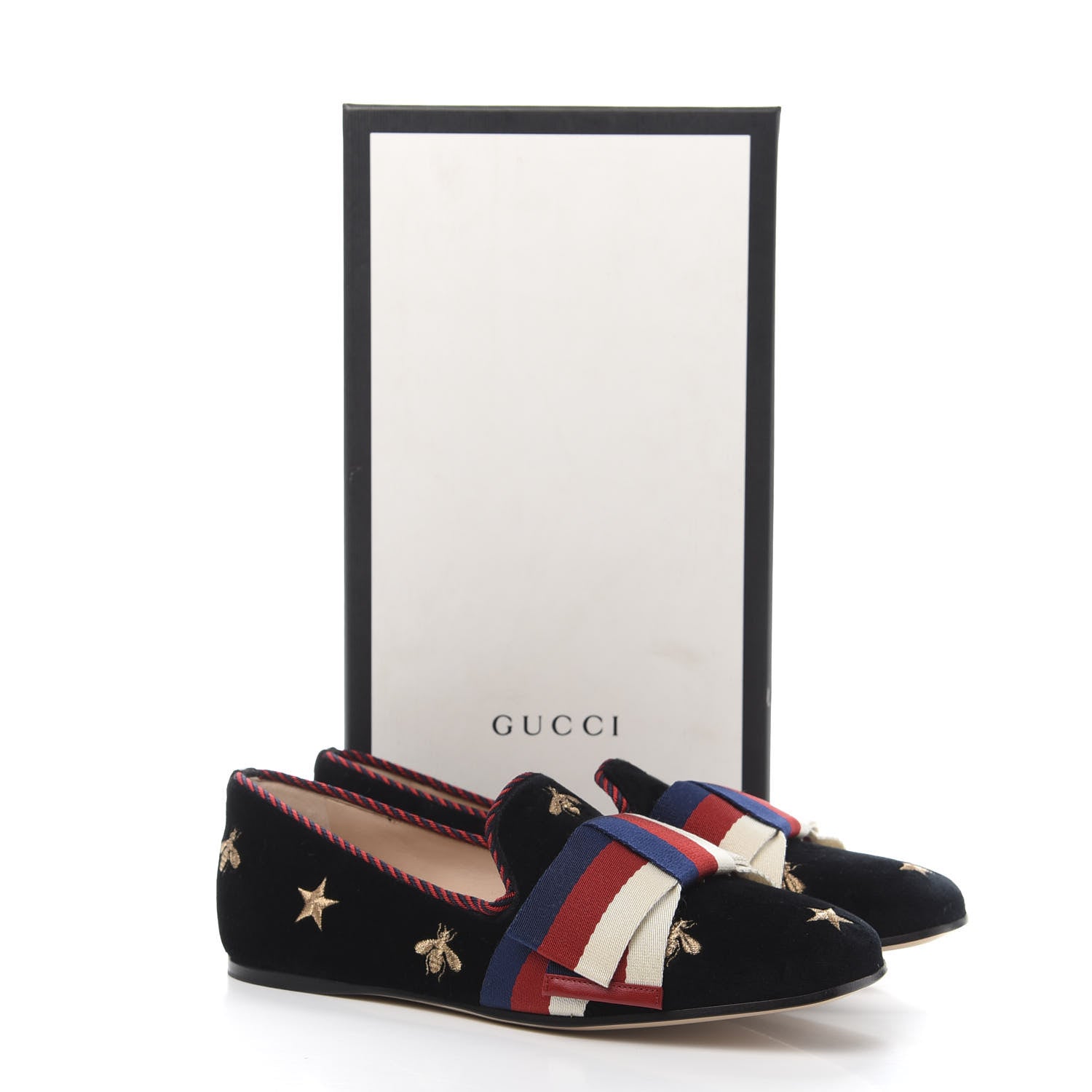 Gucci Velvet Bee Star Embroidered Sylvie Bow Loafers 36.5 Black 9 of 9