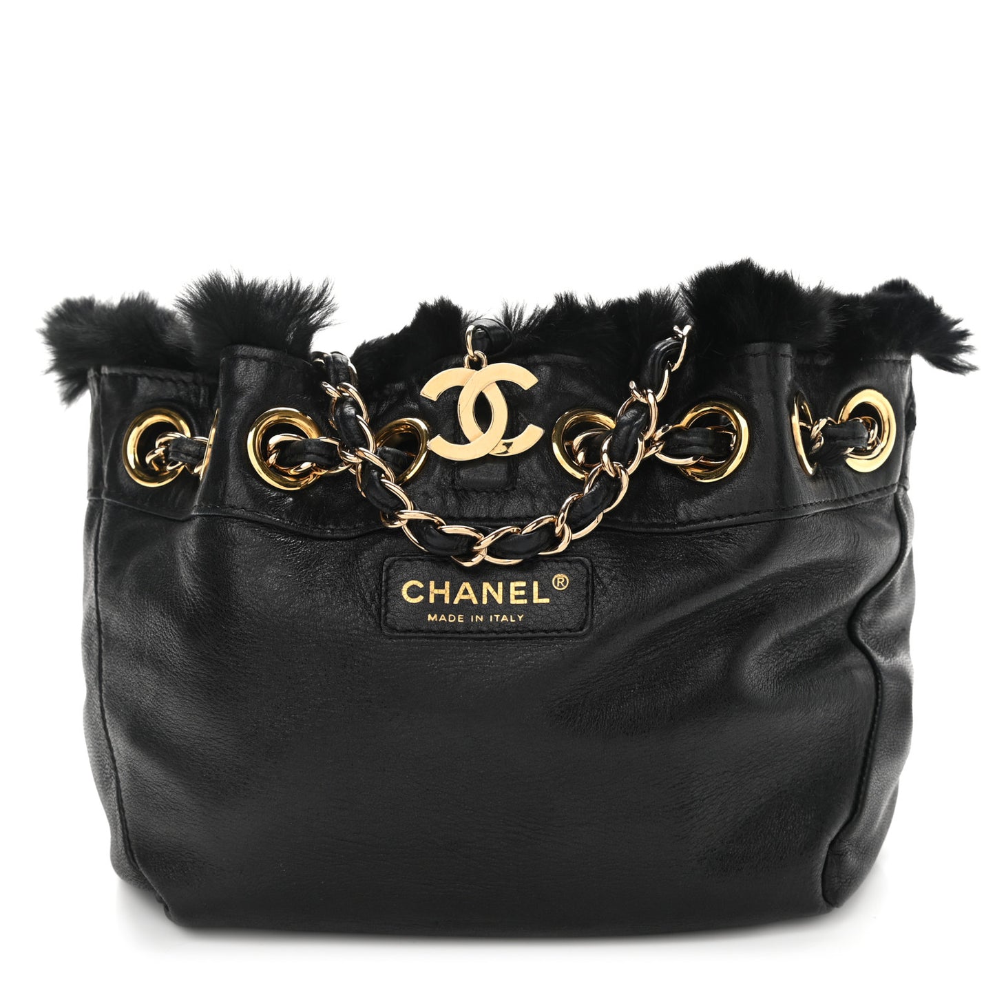 Rabbit Fur Reversible Drawstring Bag Black