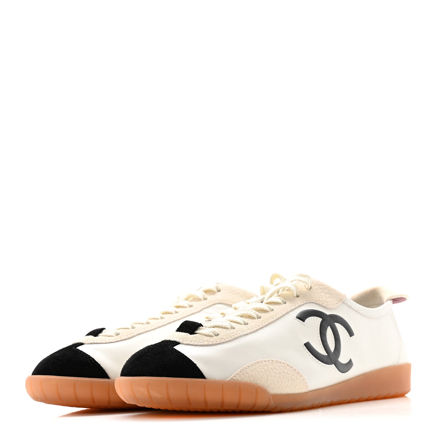 Chanel Calfskin Embossed Suede Womens CC Sneakers 38 Black White