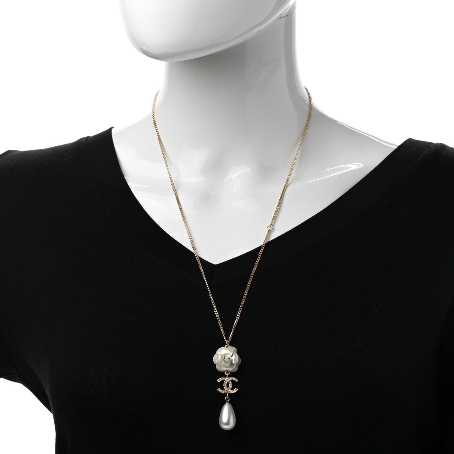 Crystal Pearl CC Camellia Flower Necklace Gold