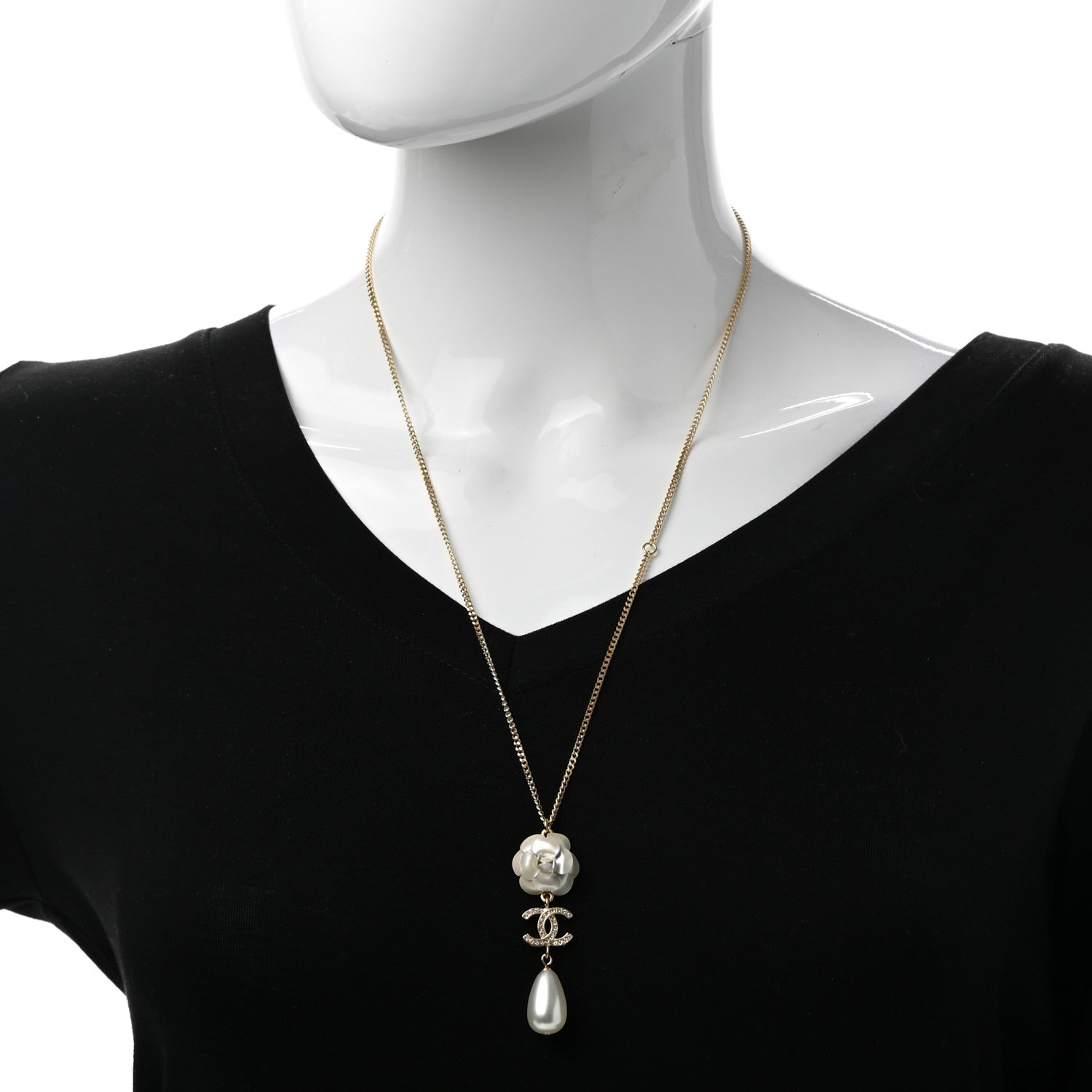 Chanel Crystal Pearl CC Camellia Flower Necklace Gold 2 of 6