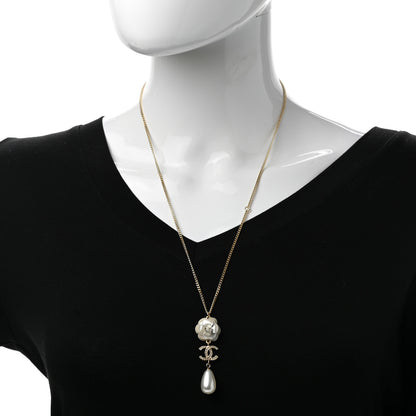 Chanel Crystal Pearl CC Camellia Flower Necklace Gold 2 of 6