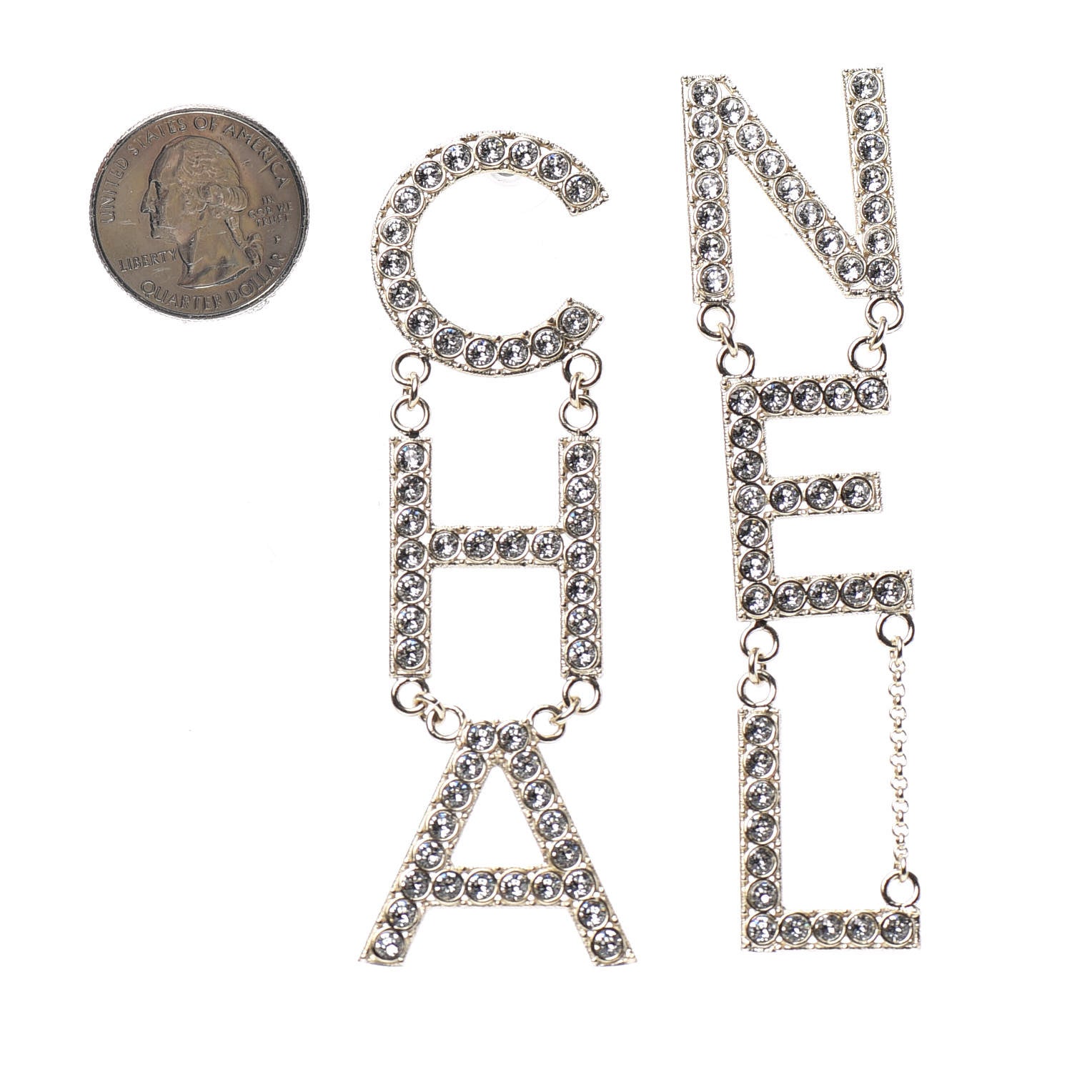 Chanel Crystal Cha-Nel Logo Drop Earrings Gold 2 of 4