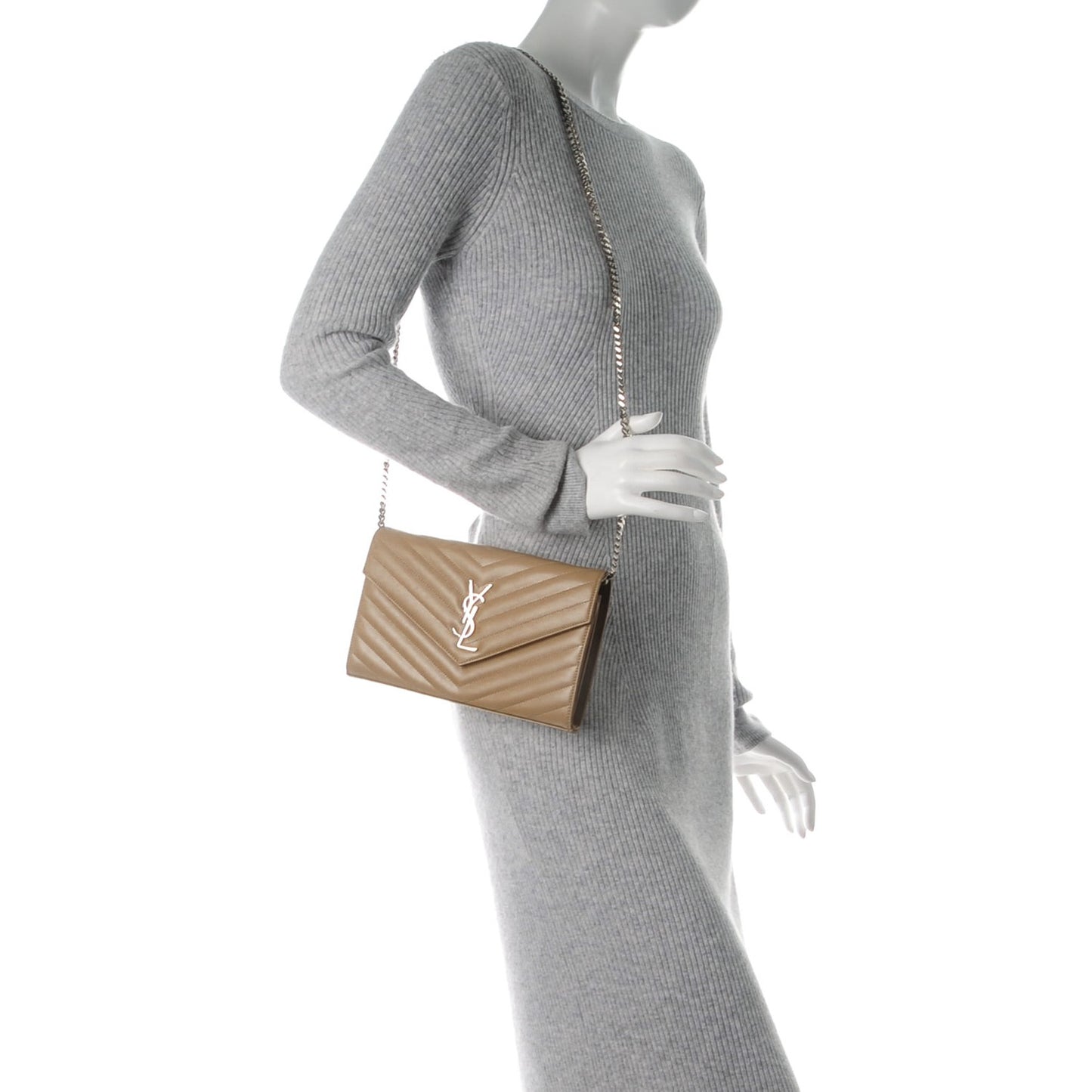 Grain De Poudre Matelasse Chevron Monogram Chain Wallet Deep Beige