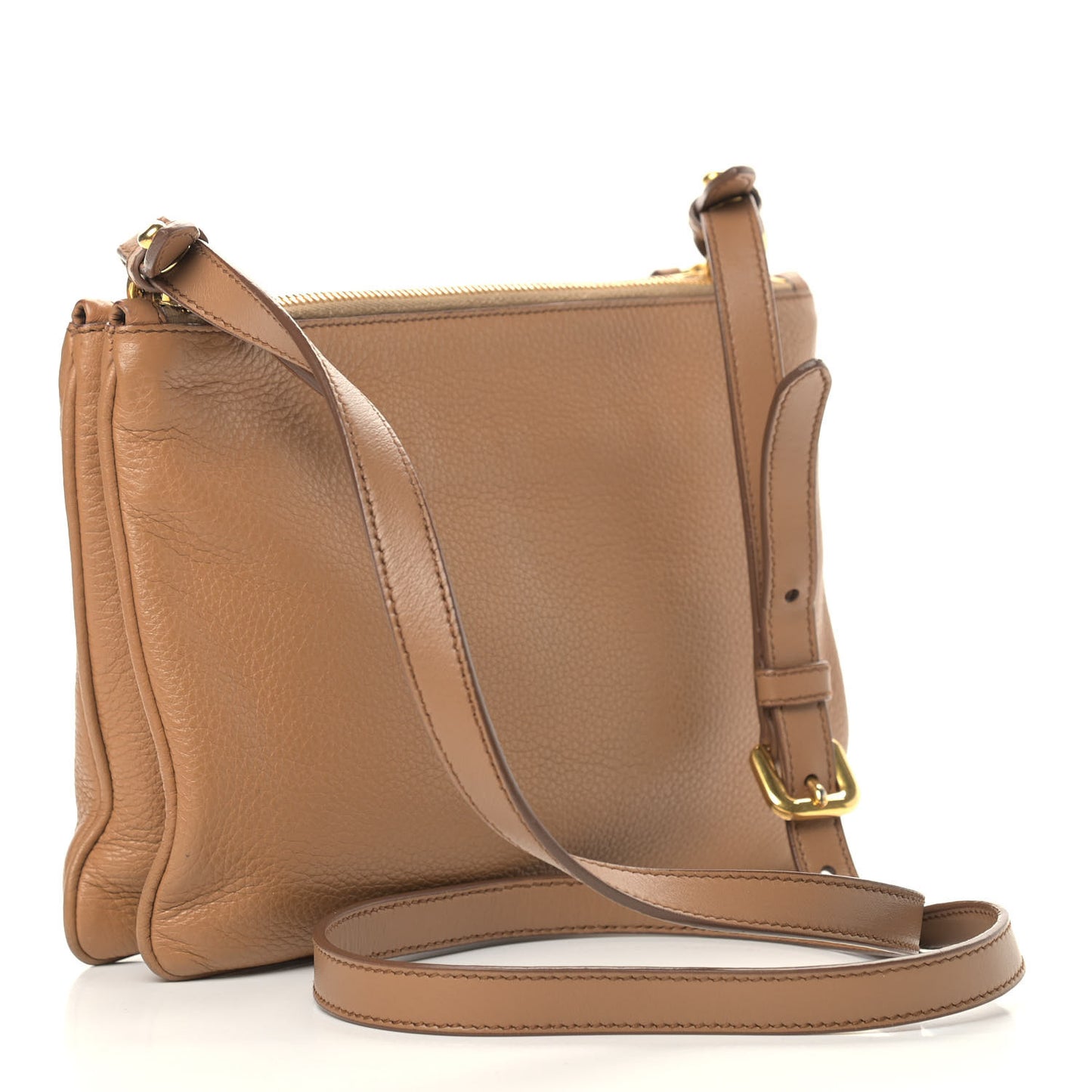 Vitello Daino Double Zip Crossbody Bag Caramel