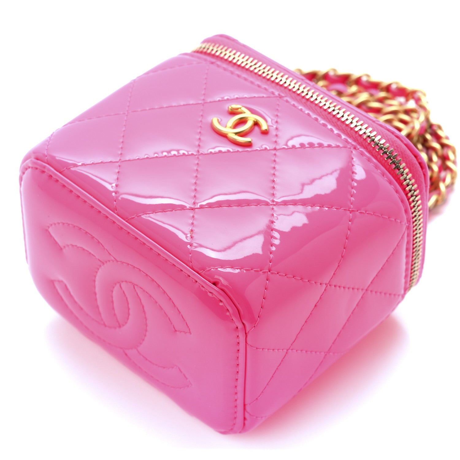 Chanel Patent Quilted Pearl Crush Mini Vanity Case With Chain Neon Pink 11 of 11