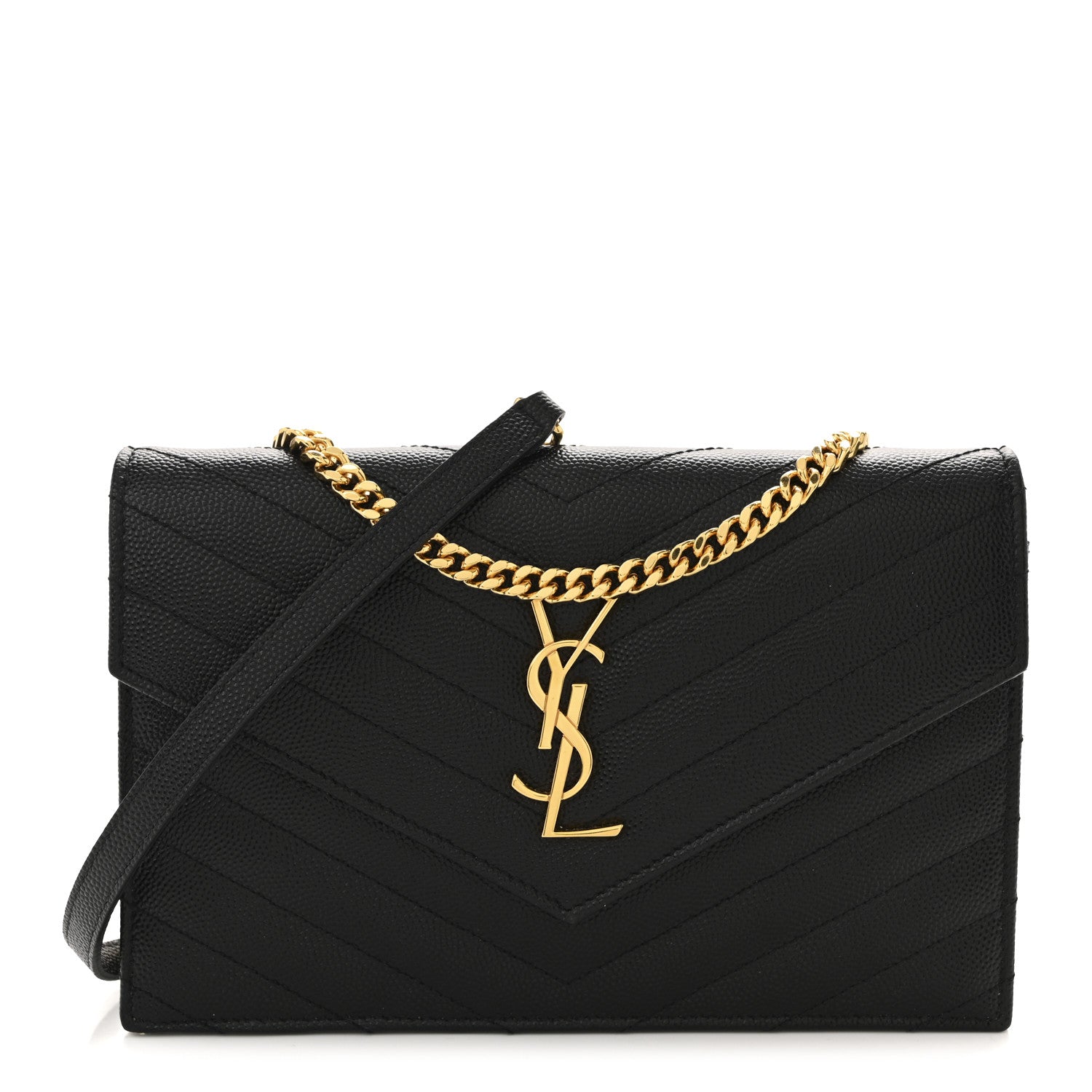 Saint Laurent Grain De Poudre Matelasse Chevron Monogram Envelope Chain Wallet Black 1 of 12